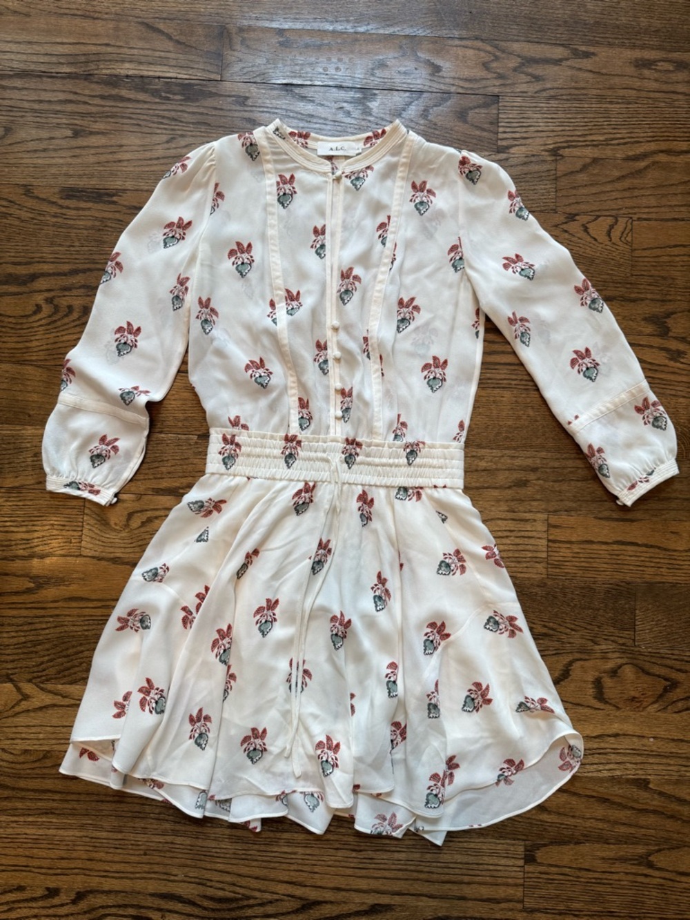 A.L.C. Silk Floral Mini Dress Size 0 Ivory Boho Long Sleeve Fit & Flare